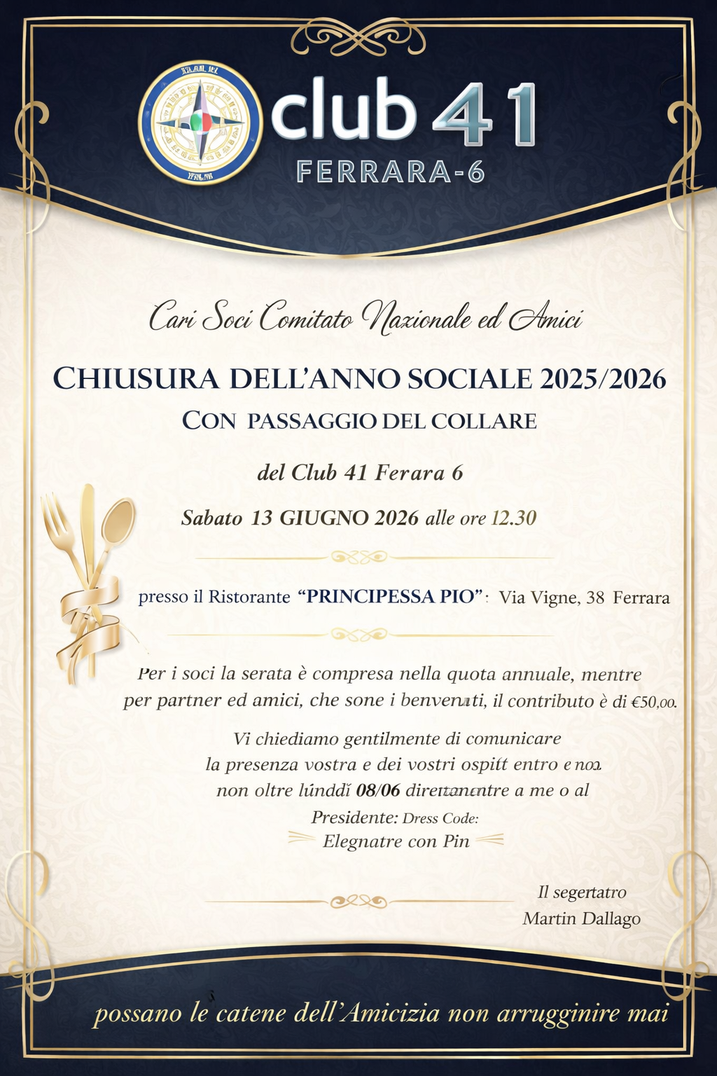 FERRARA - Chiusura dell'anno sociale e passaggio del collare